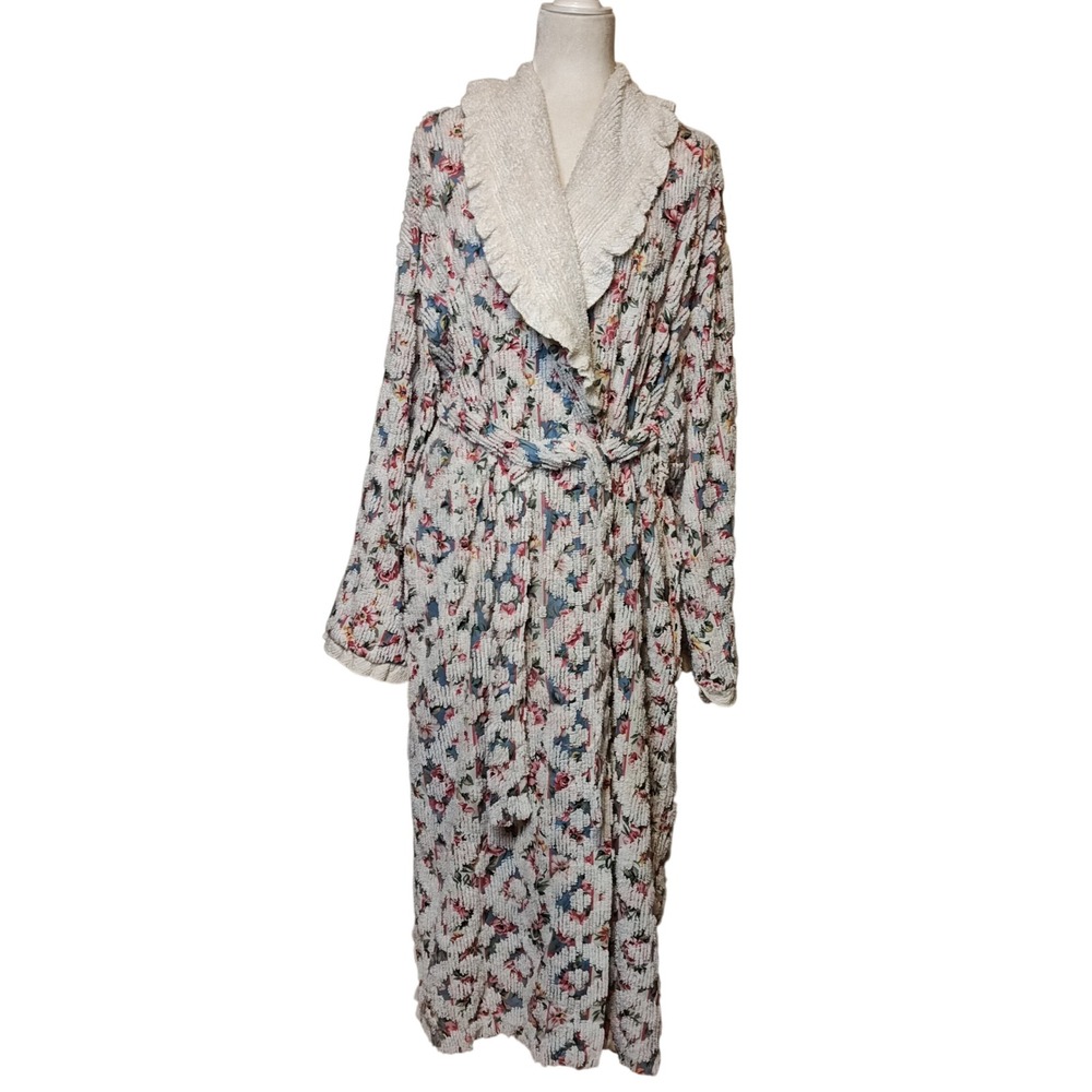 Stan Herman Robe Womens Medium Multicolor Floral Chenille Wrap Vintage H880 USA